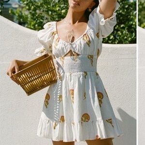 Sabo Skirt Moxxie Dress smocked waist mini linen blend baby doll S off shoulder